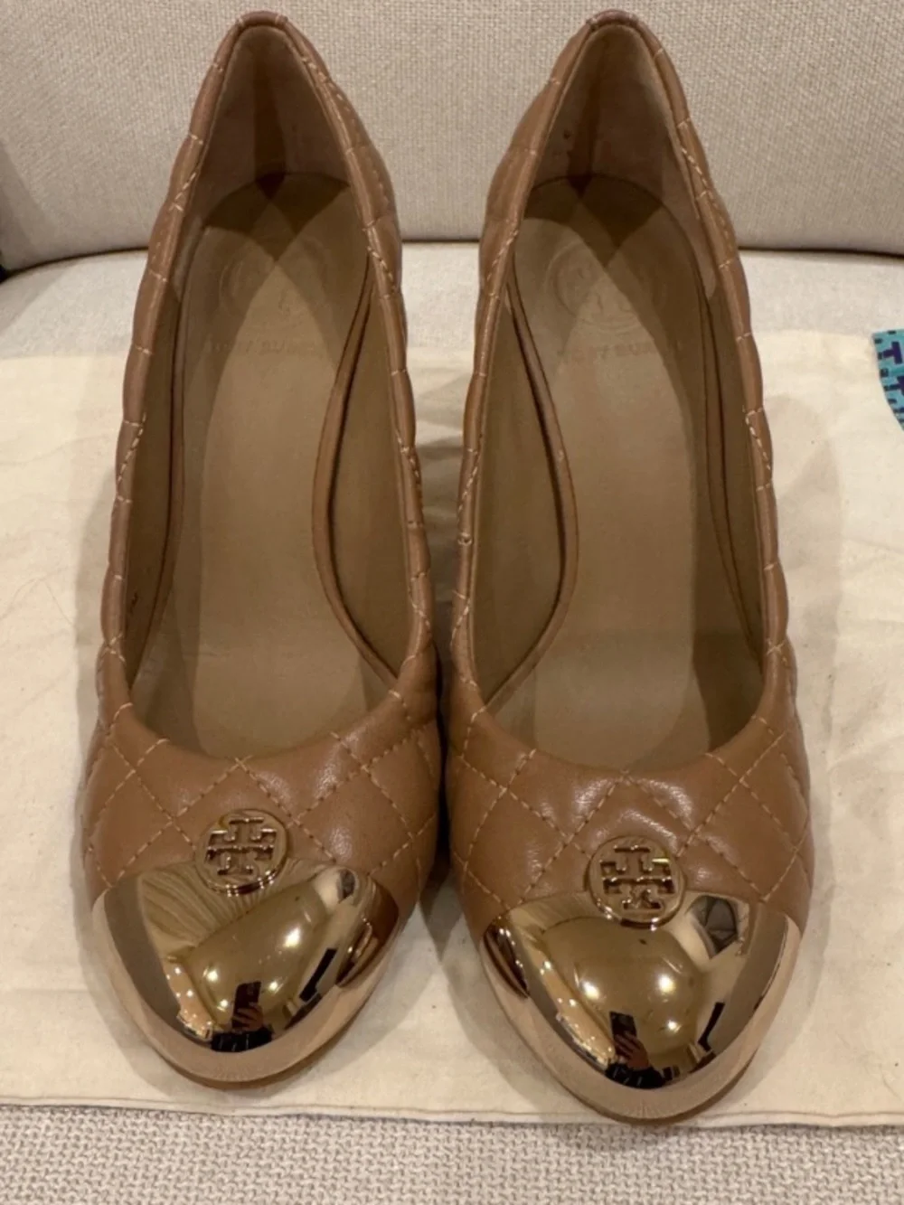 Tory Burch Quilted Tan Leather Ballet Flats with Gold Cap Toe